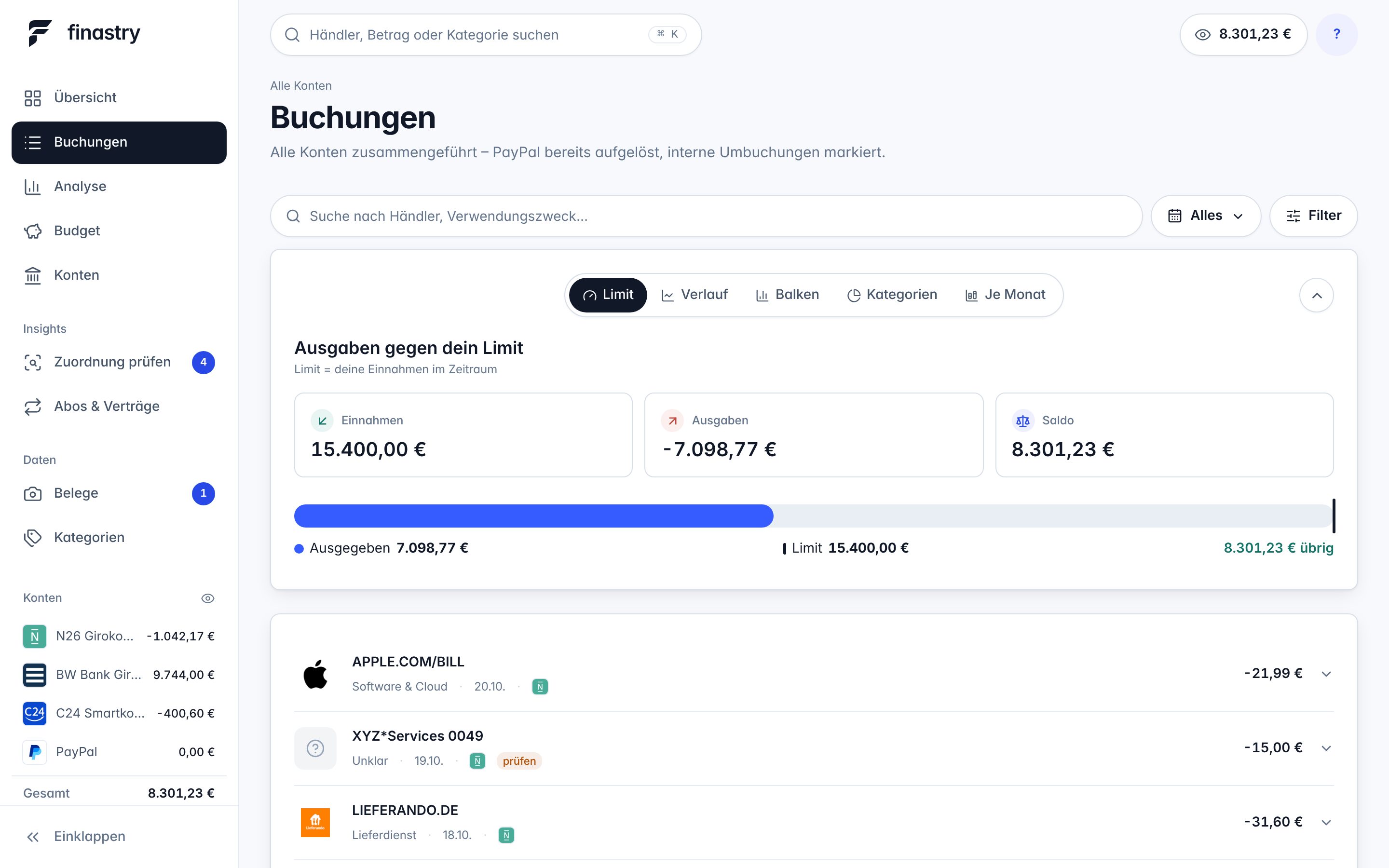 Finastry: buchungen